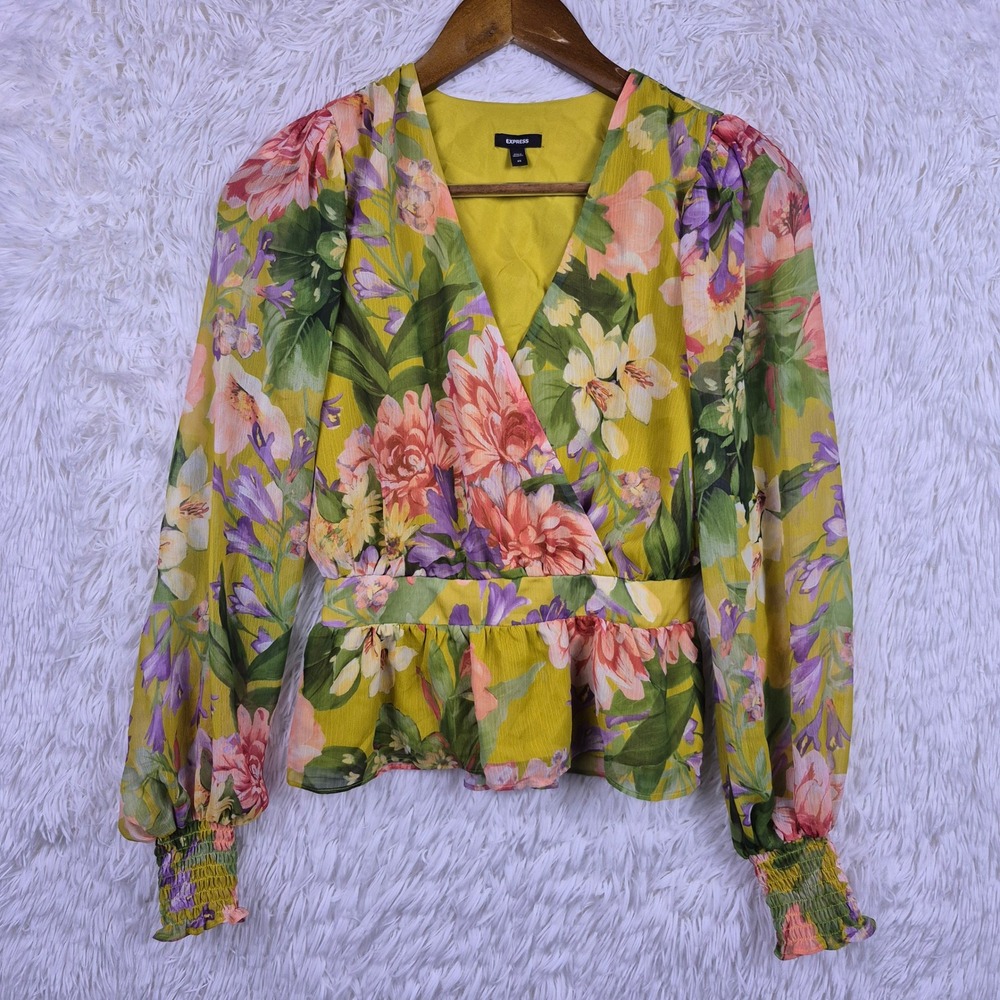 Express Womens Floral Wrap Peplum Top Yellow Pink Long Sleeve Smocked Cuff XS